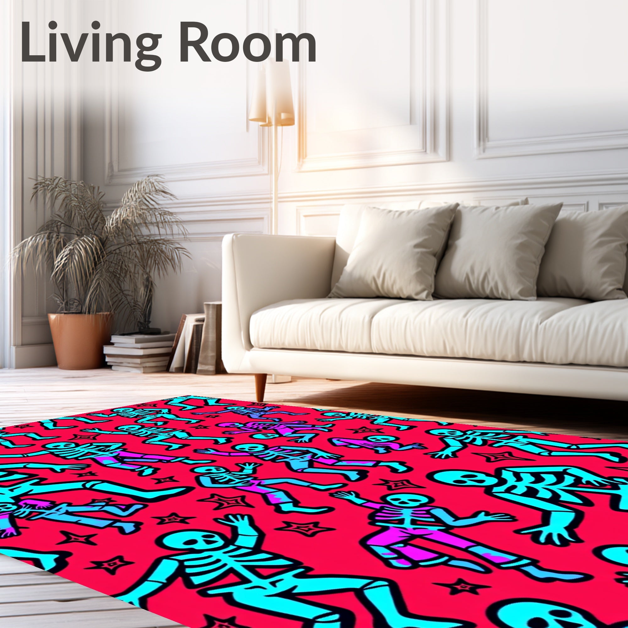 Dancing Skeletons Crimson Blue Graphic Rug