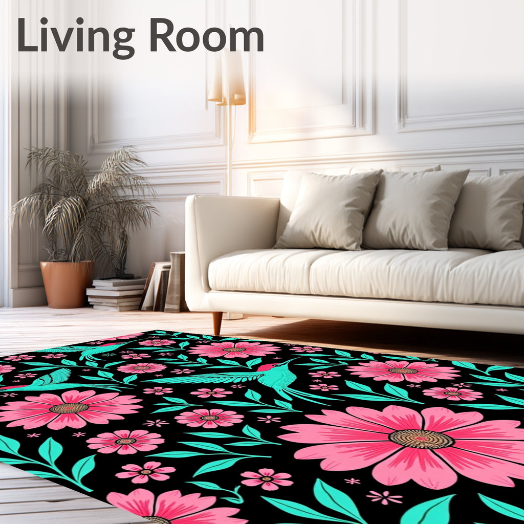 Vibrant Pink Floral Hummingbird Collage Rug