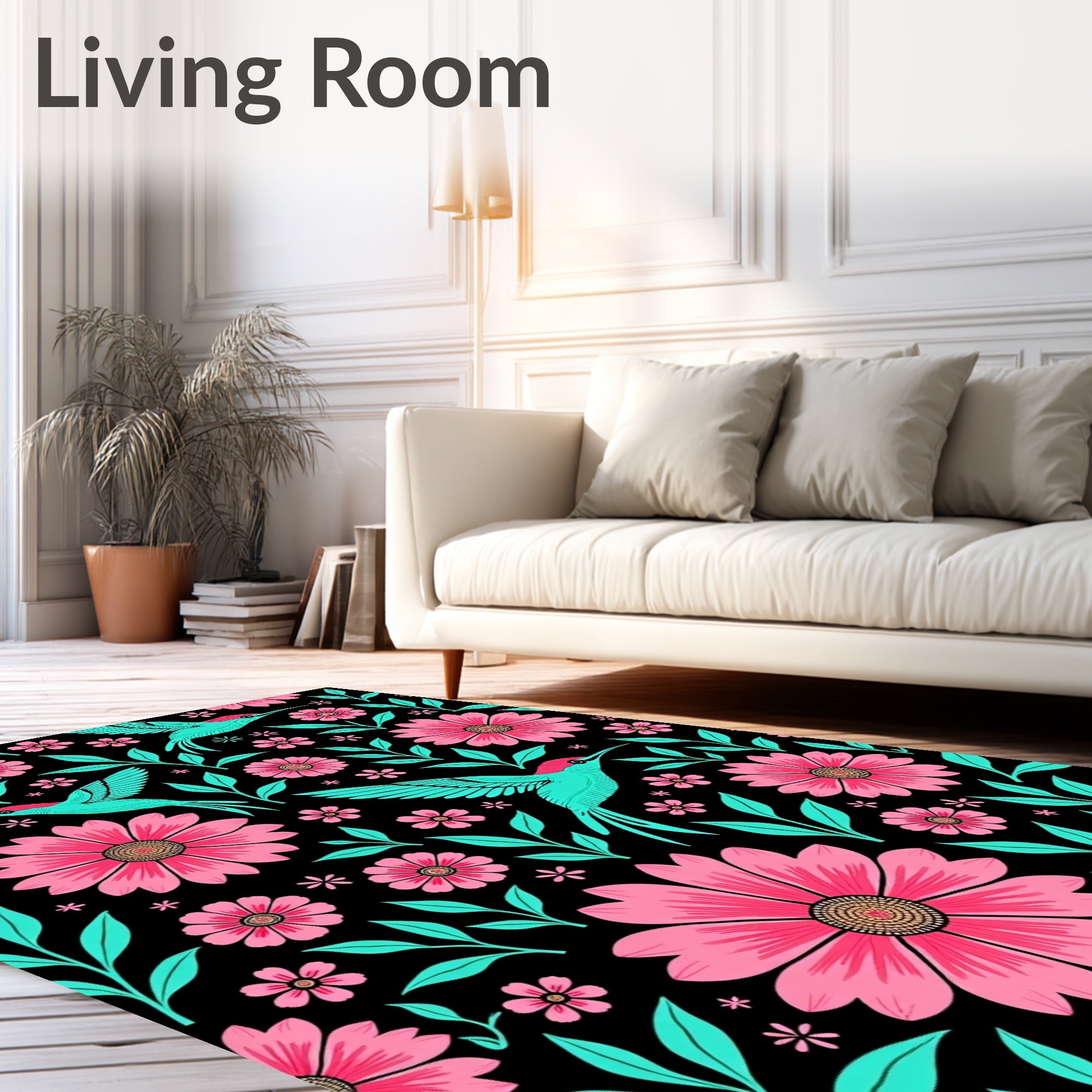 Vibrant Pink Floral Hummingbird Collage Rug