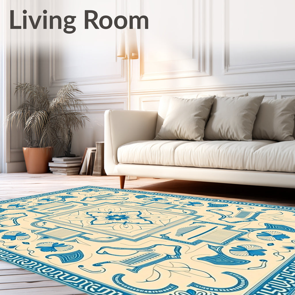 Blue Ivory Floral Medallion Border Rug
