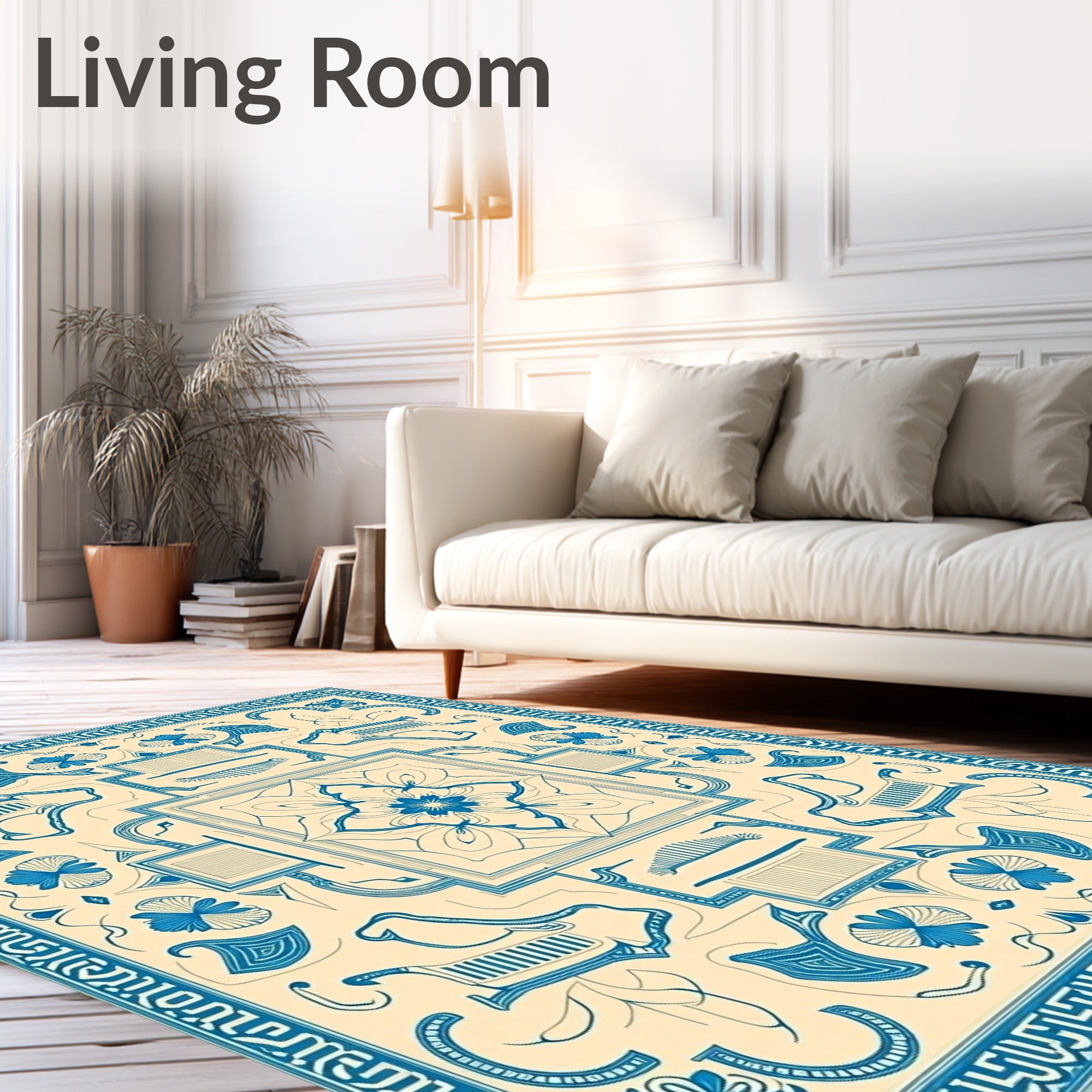 Blue Ivory Floral Medallion Border Rug