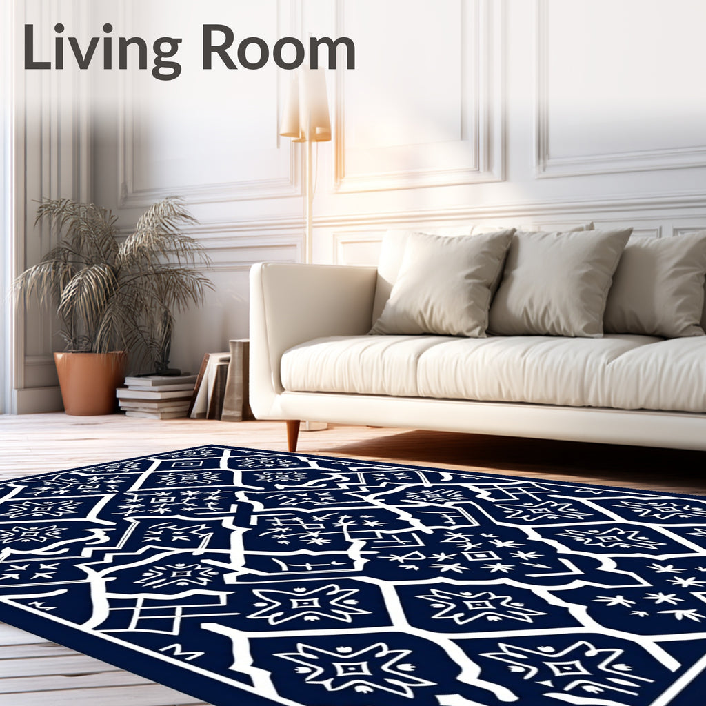 Deep Blue Floral Medallion Geometric Rug
