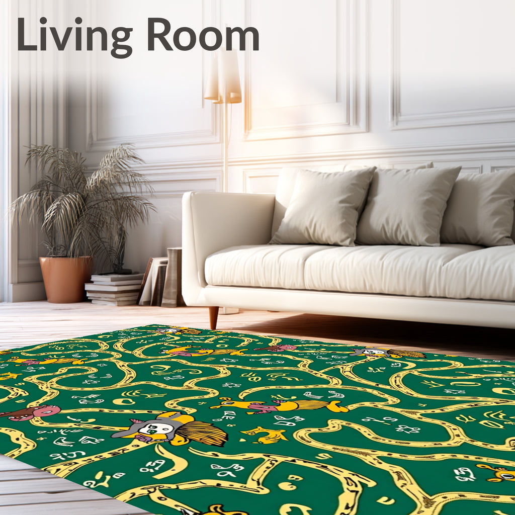 Whimsical Yellow Creature Green Swirl Rug