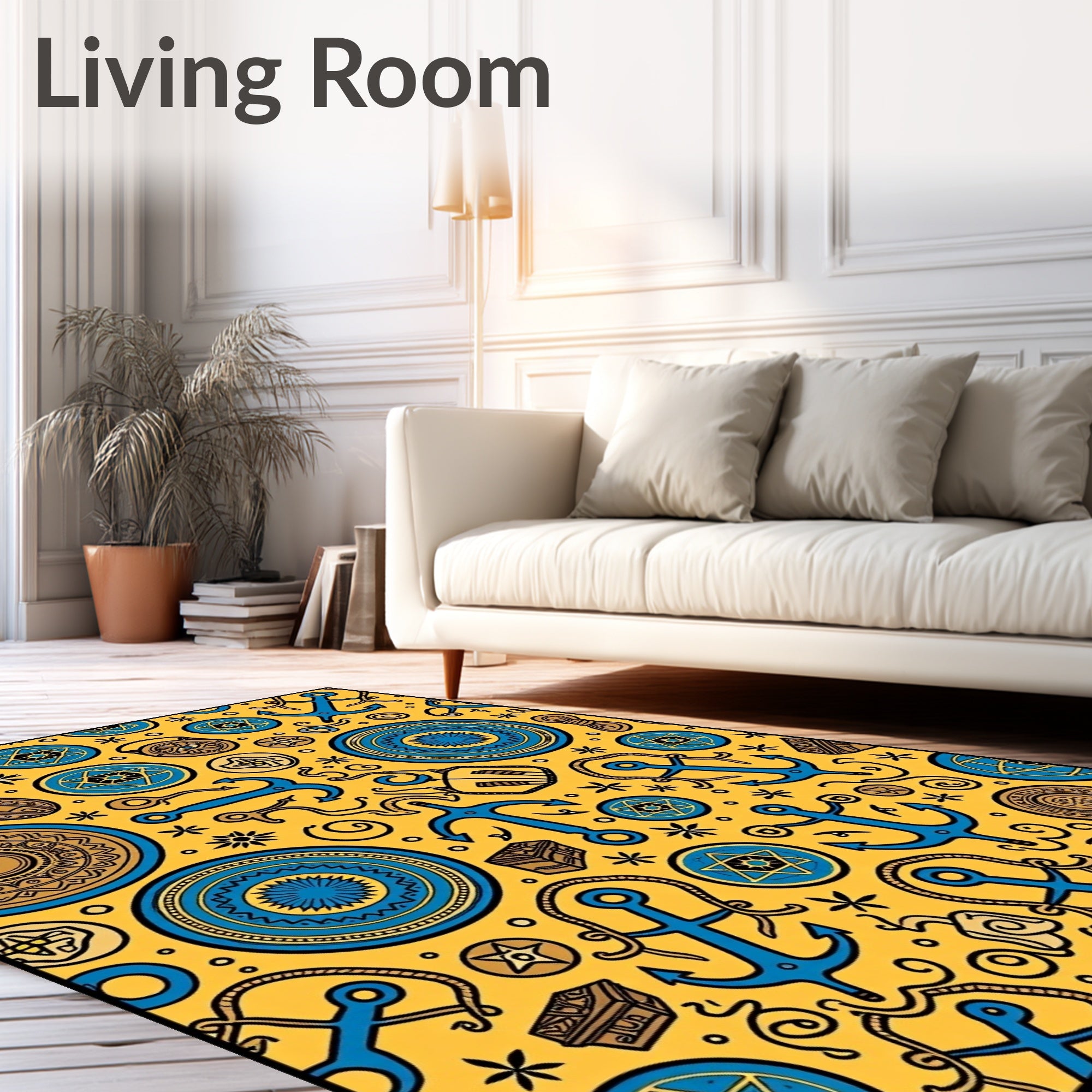Nautical Blue Anchors Yellow Medallion Rug