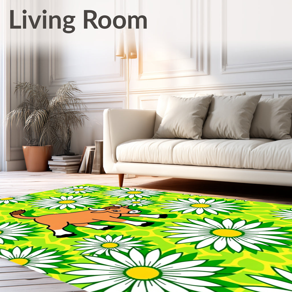 Cartoon Cow Daisy Field Rug