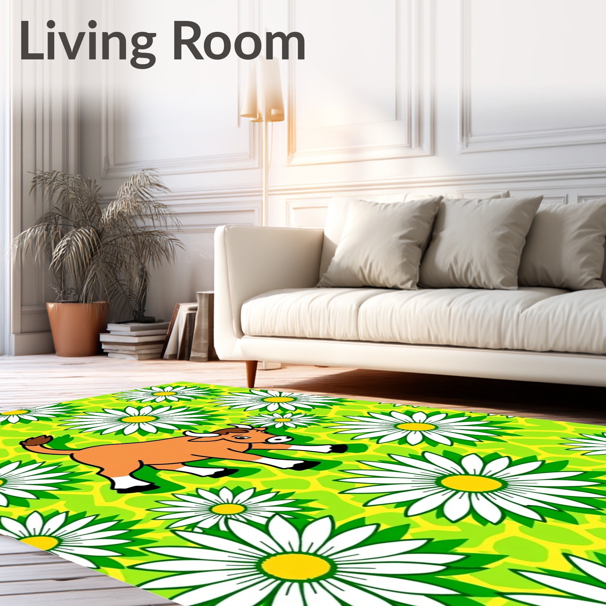 Cartoon Cow Daisy Field Rug