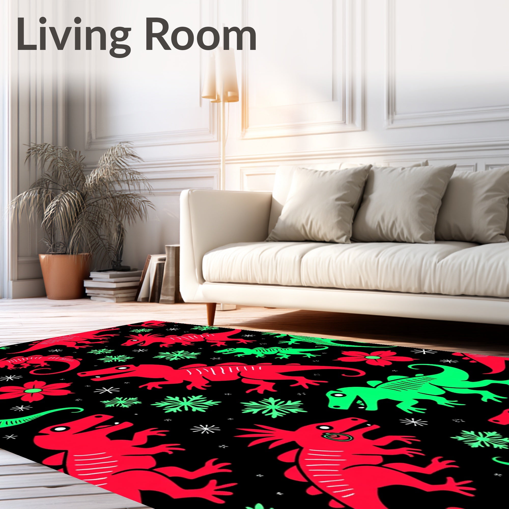 Red Green Dinosaurs Flowers Snowflakes Rug