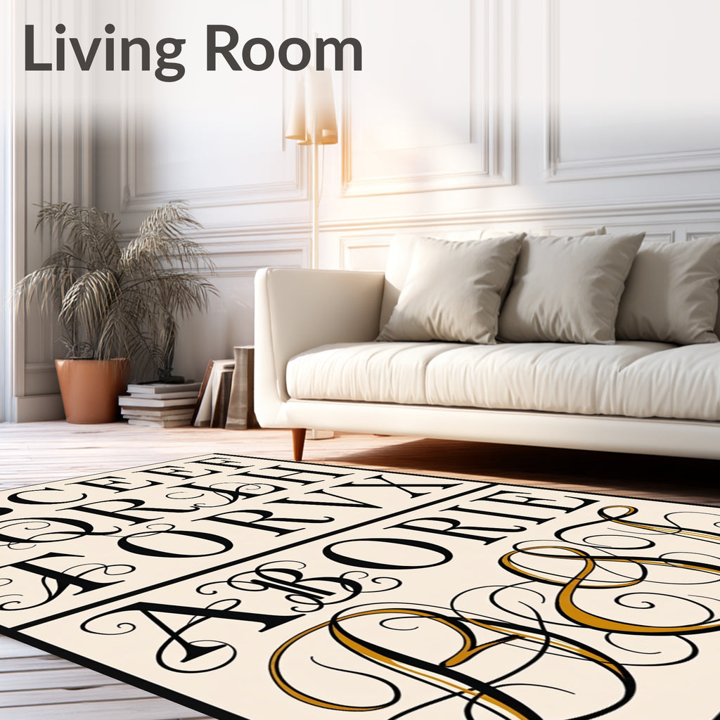 Elegant Black Gold Calligraphy Alphabet Rug