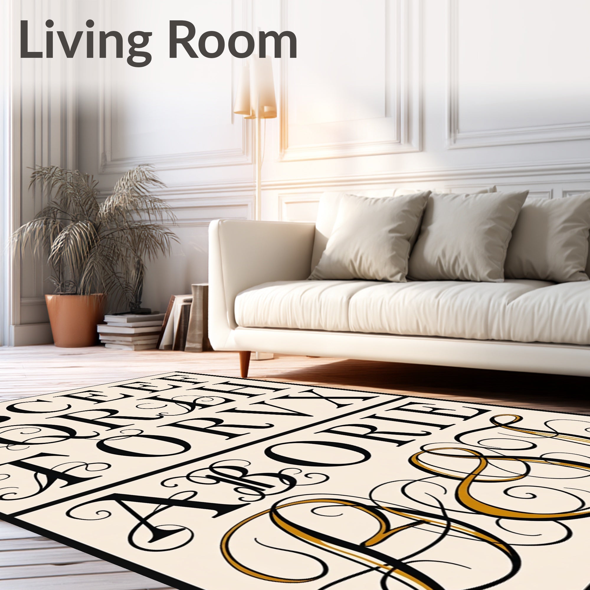Elegant Black Gold Calligraphy Alphabet Rug