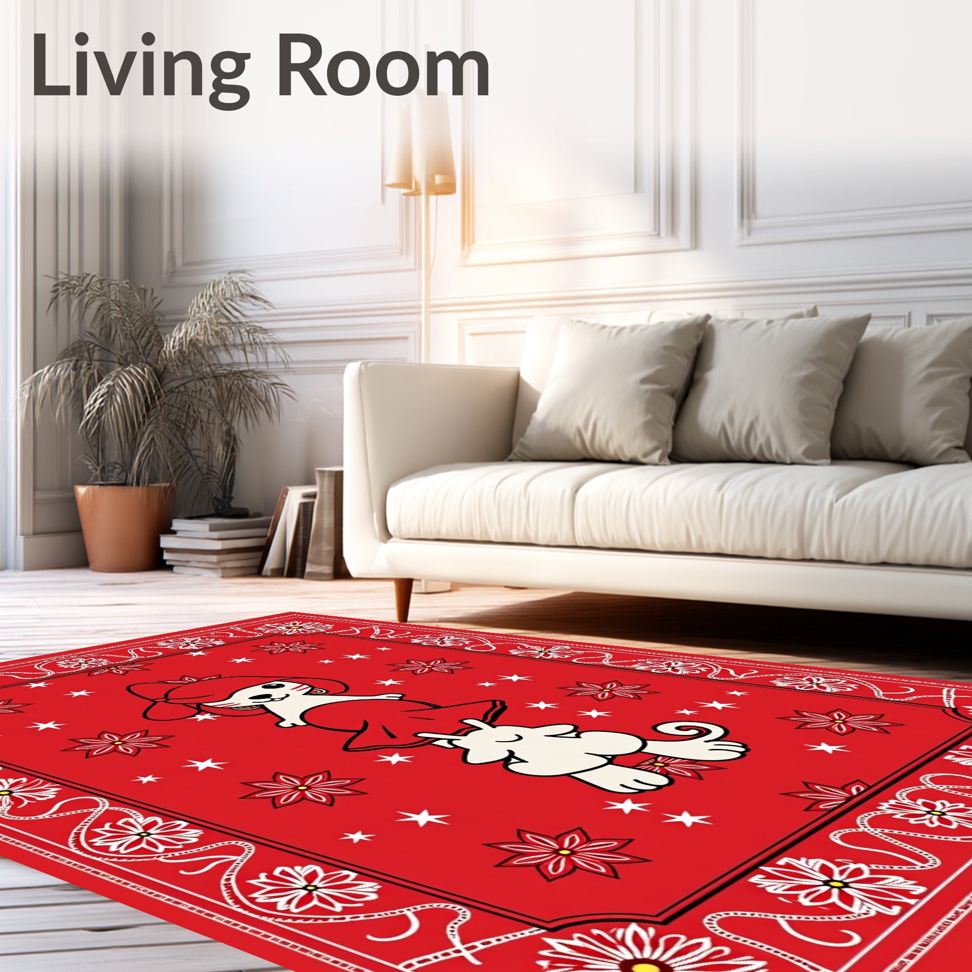 Red Whimsical Floral Cartoon Animals Rug