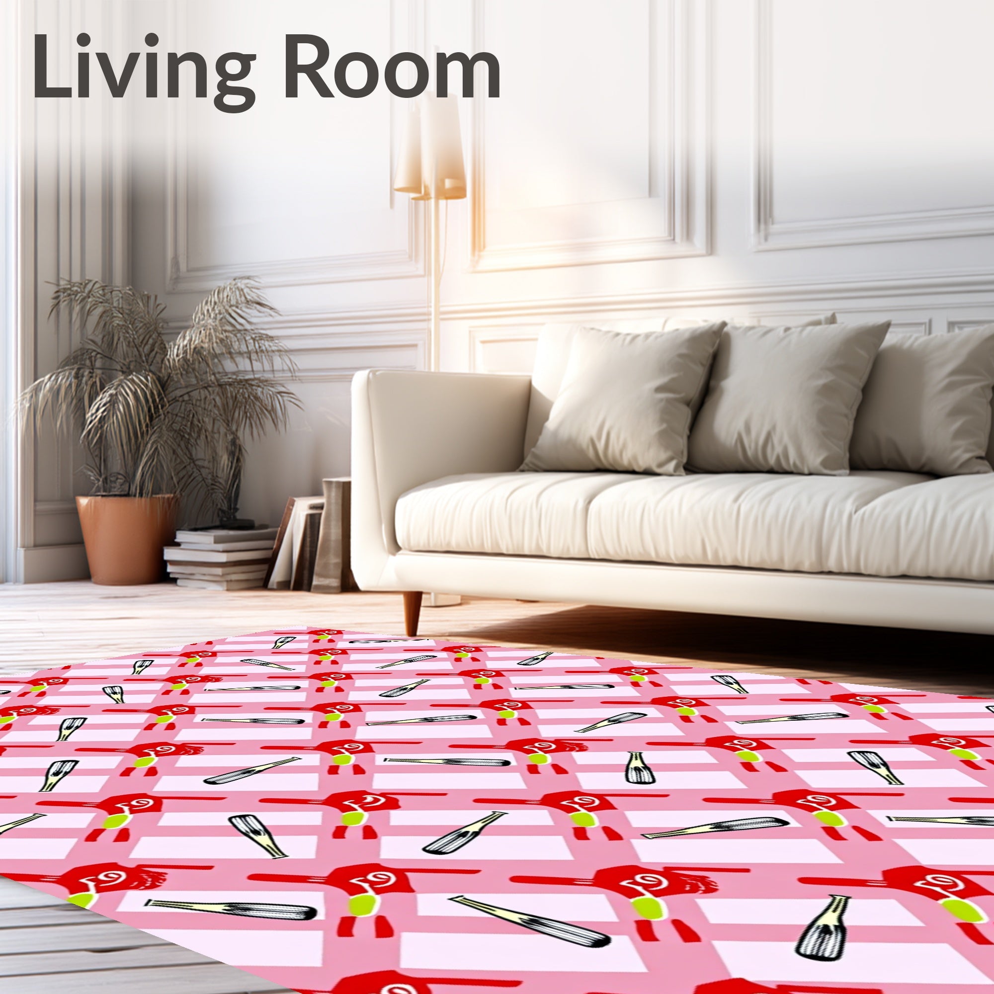 Pink Red Gingham Whimsical Figures Rug