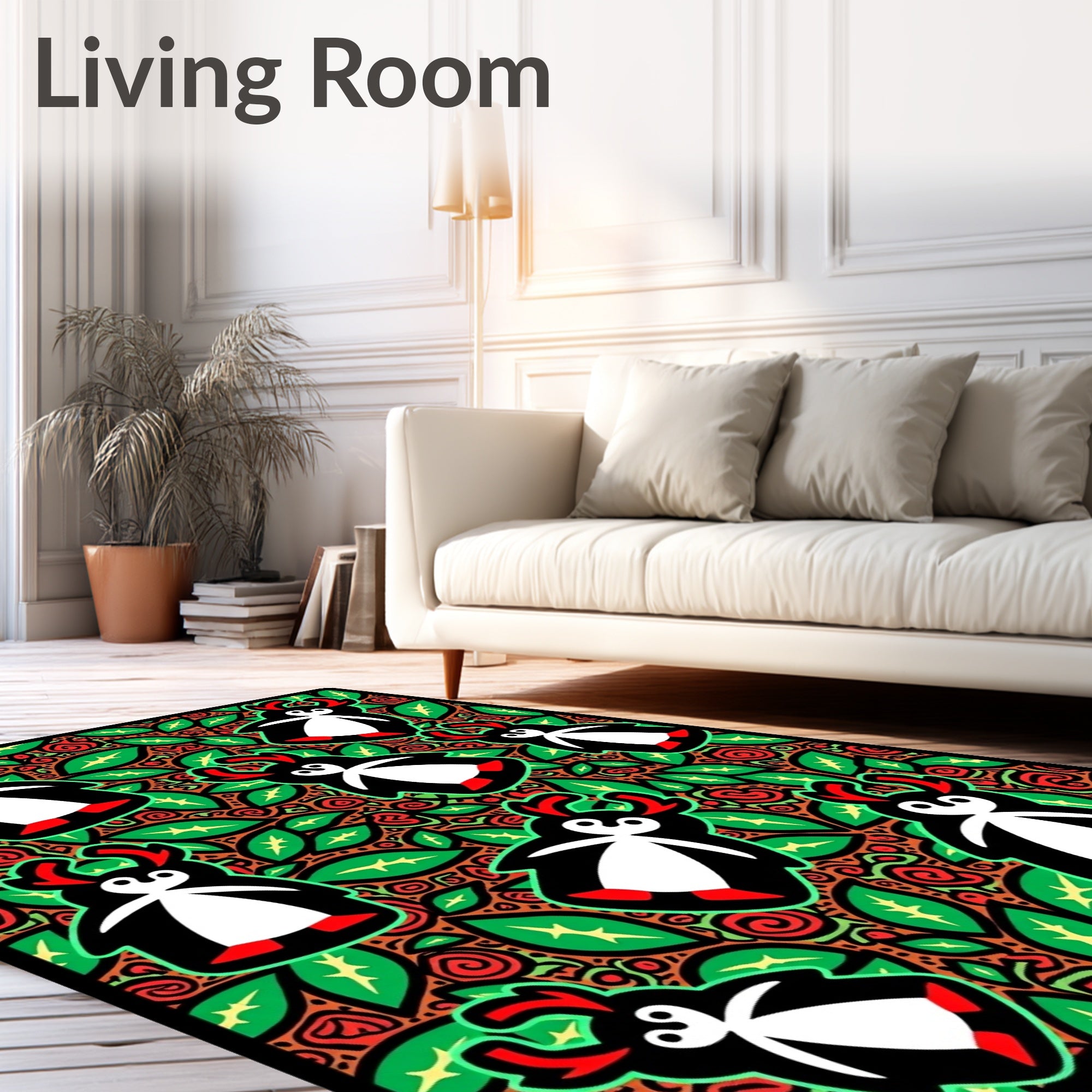 Whimsical Red Antlers Penguin Garden Rug