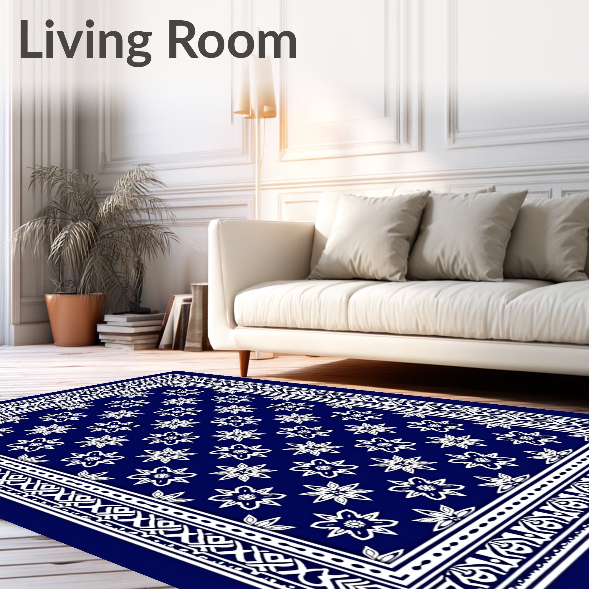 Deep Blue Floral Bordered Rug
