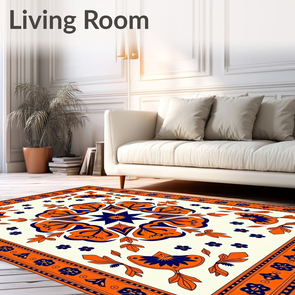 Orange Sapphire Floral Medallion Border Rug
