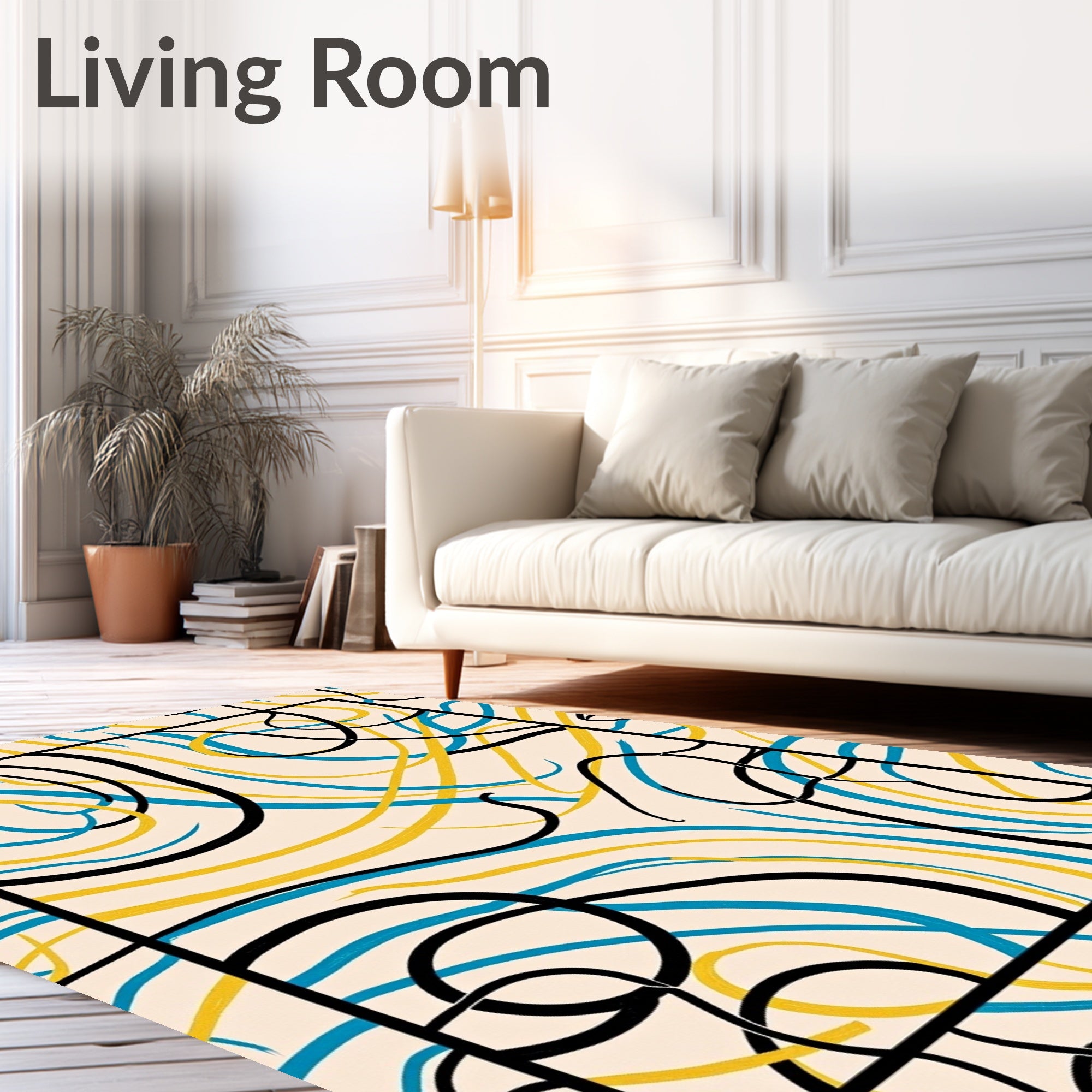 Bold Abstract Swirls Yellow Blue Rug
