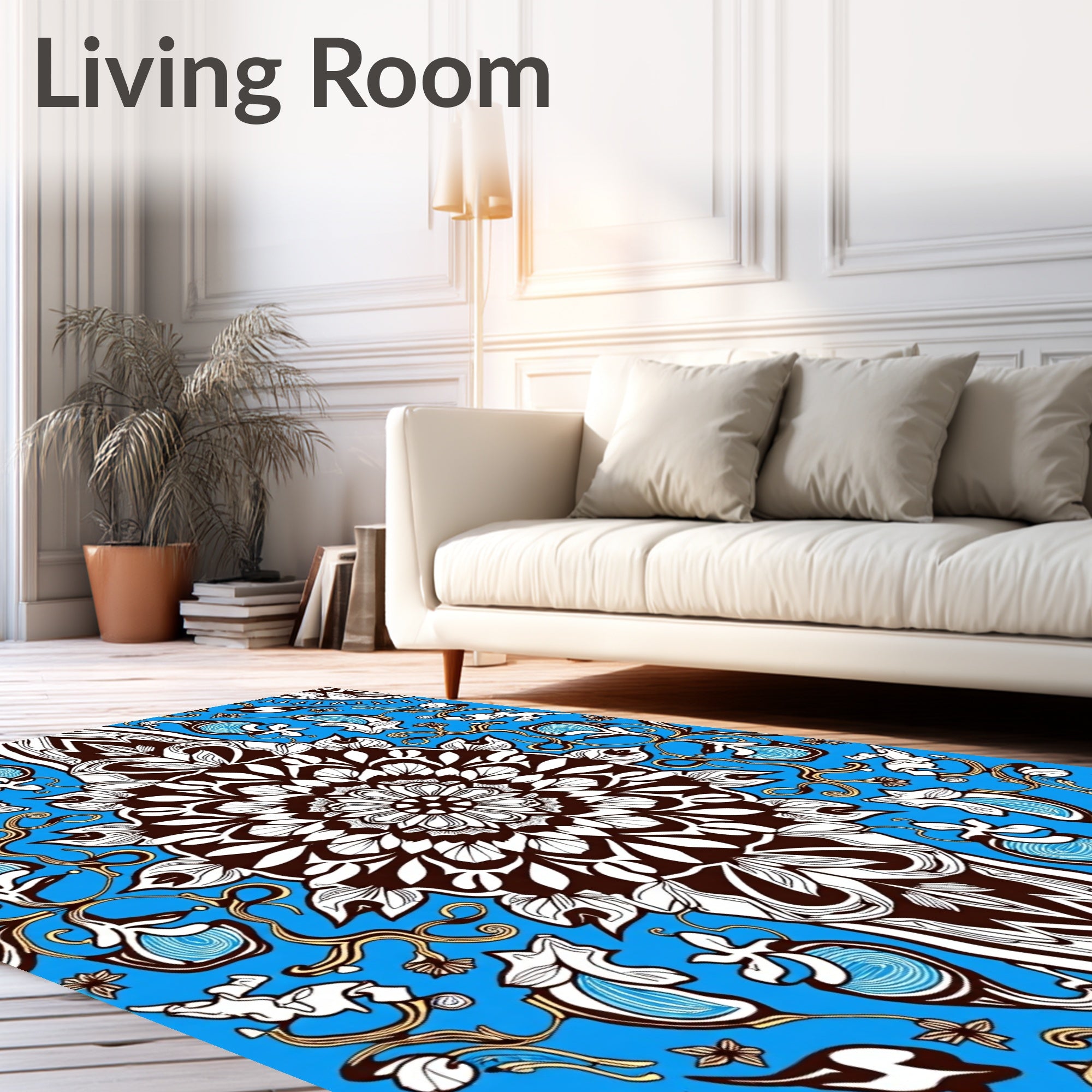 Vibrant Blue Floral Mandala Art Rug