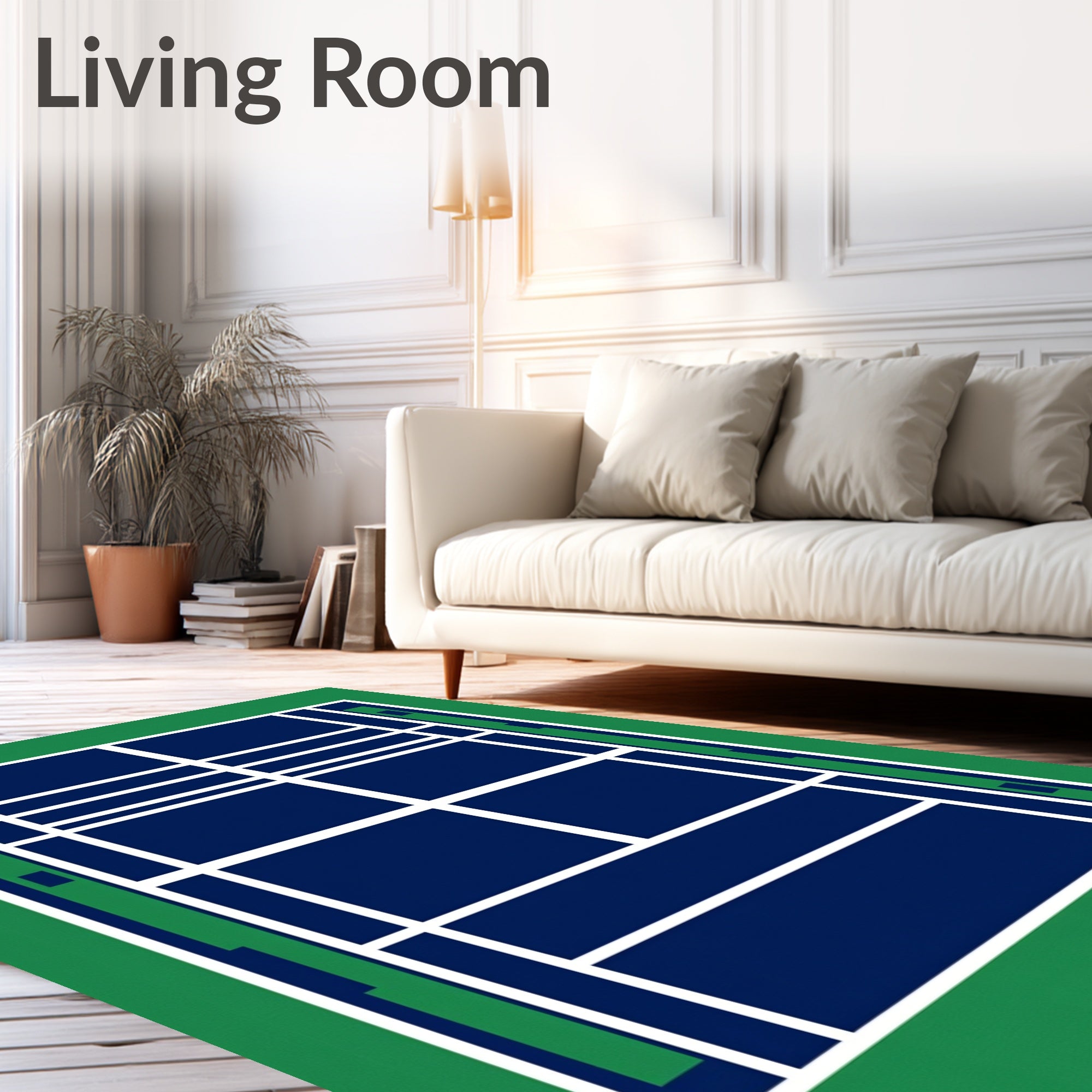Deep Blue Tennis Court Geometric Lines Rug
