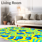 Whimsical Blue Fish Yellow Waves Rug
