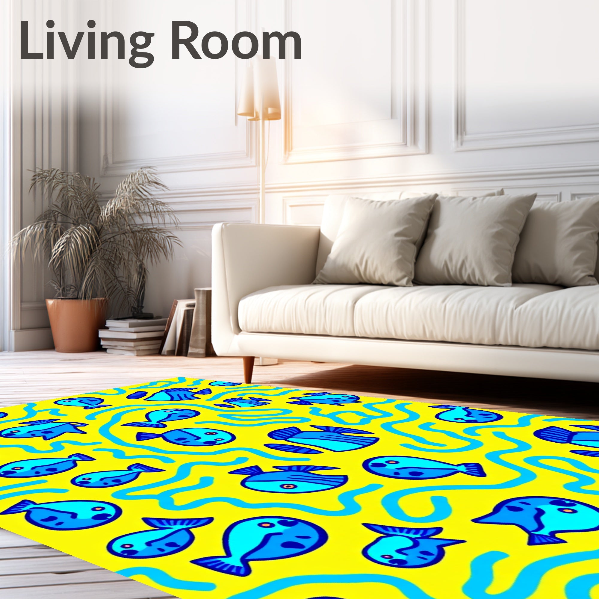 Whimsical Blue Fish Yellow Waves Rug