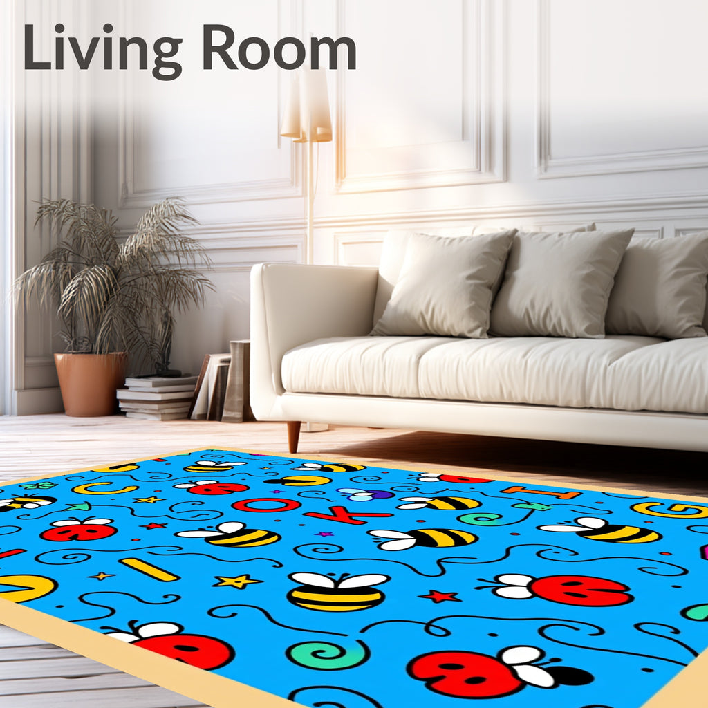 Whimsical bee and ladybug alphabet blue Rug