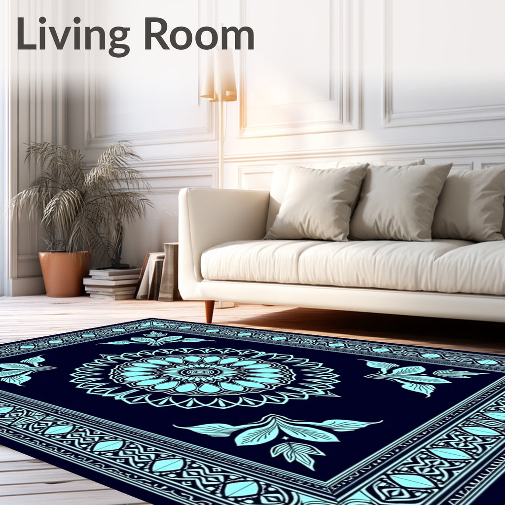 Cyan Floral Mandala Border Rug