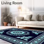 Cyan Floral Mandala Border Rug
