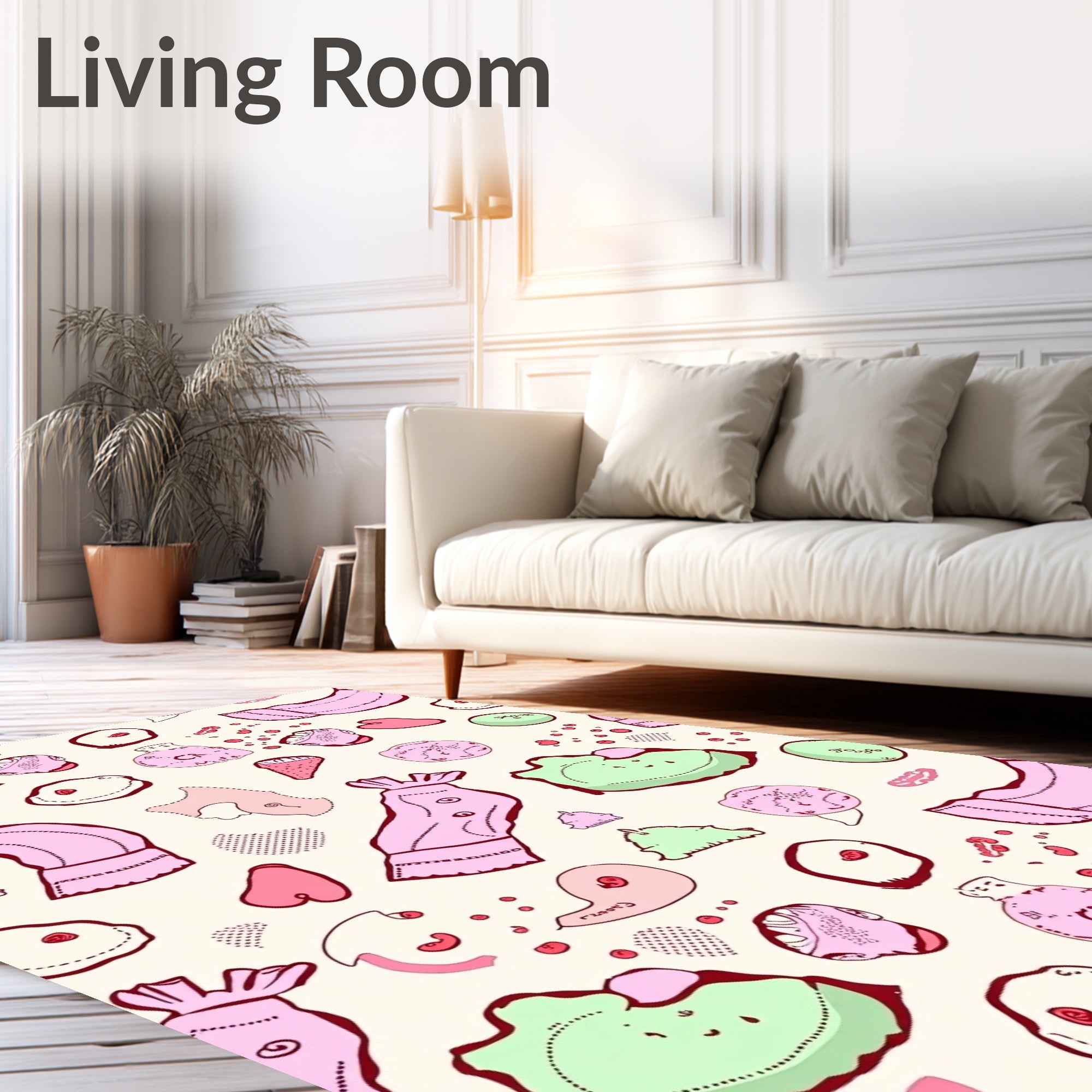 Whimsical Pink and Green Doodle Clouds Rug