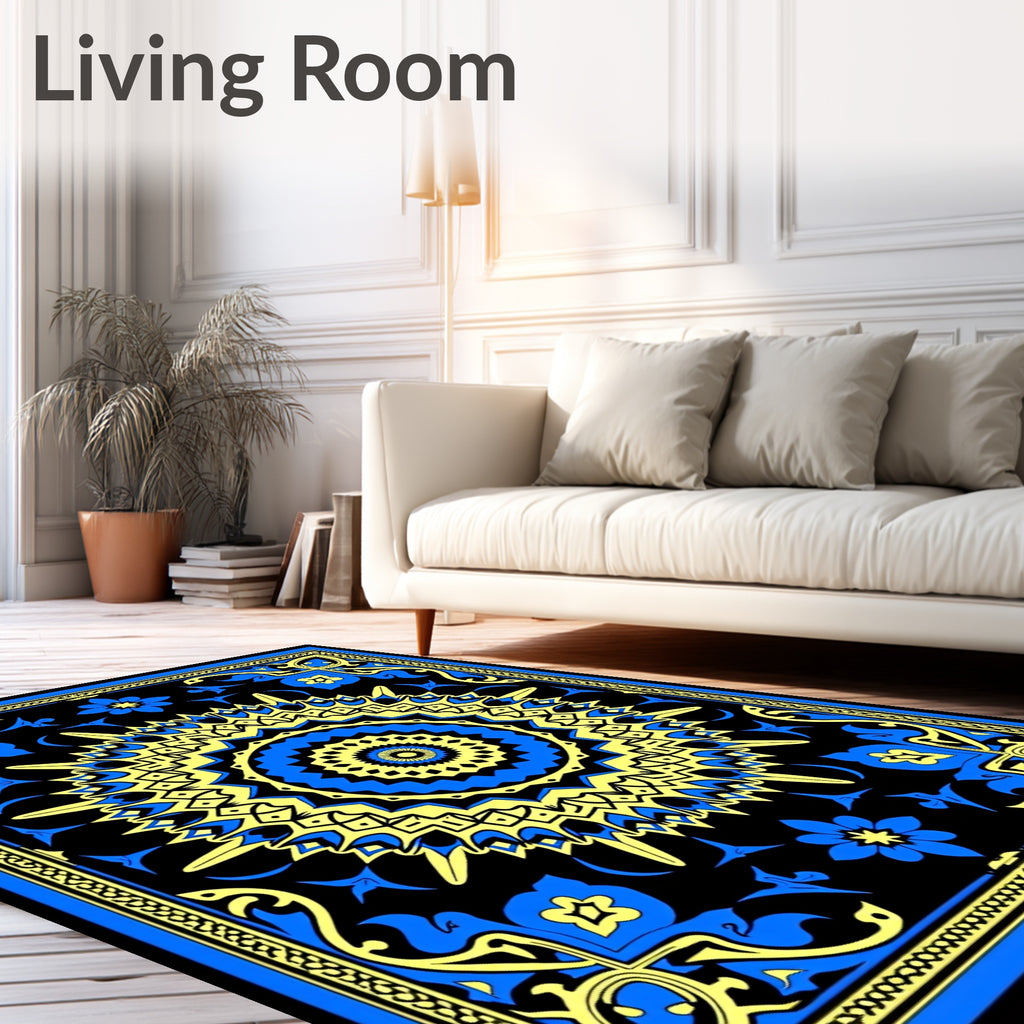 Bold Blue Yellow Sunburst Mandala Rug