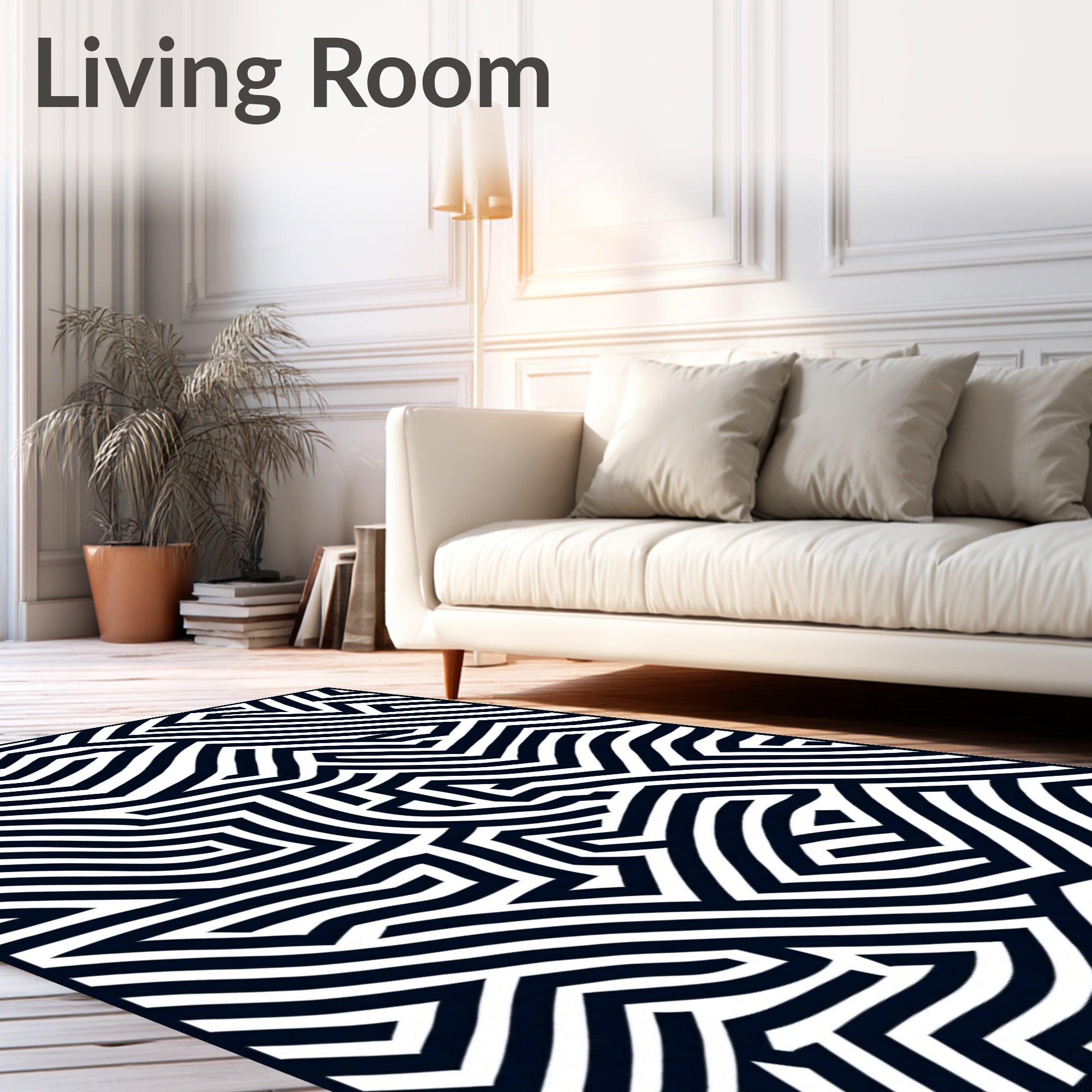 Modern Black White Maze Lines Rug