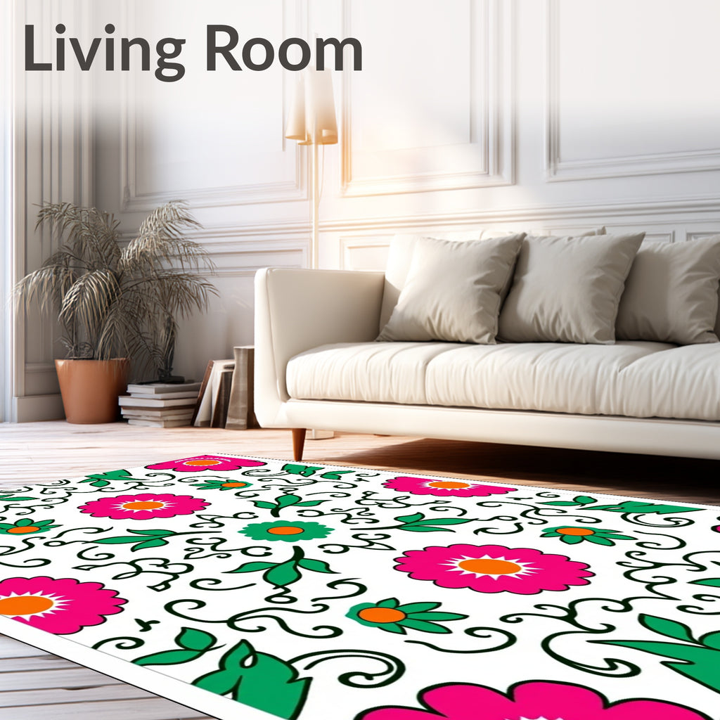Vibrant Pink Green Floral Folk Art Rug