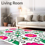 Vibrant Pink Green Floral Folk Art Rug