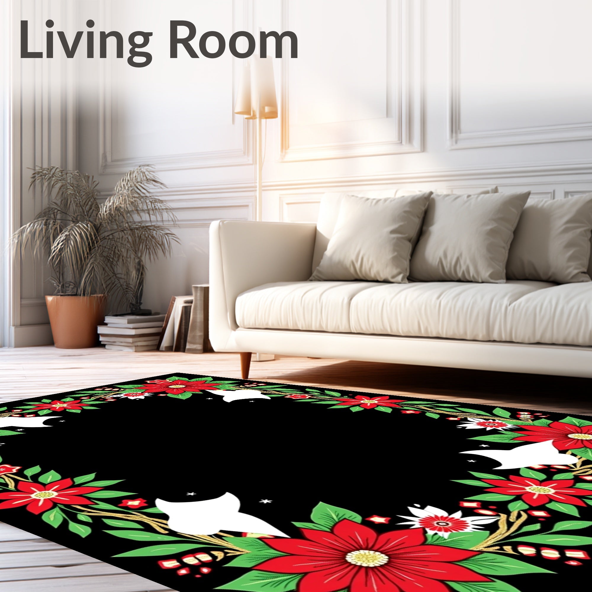 Festive Red Poinsettia Floral Border Rug