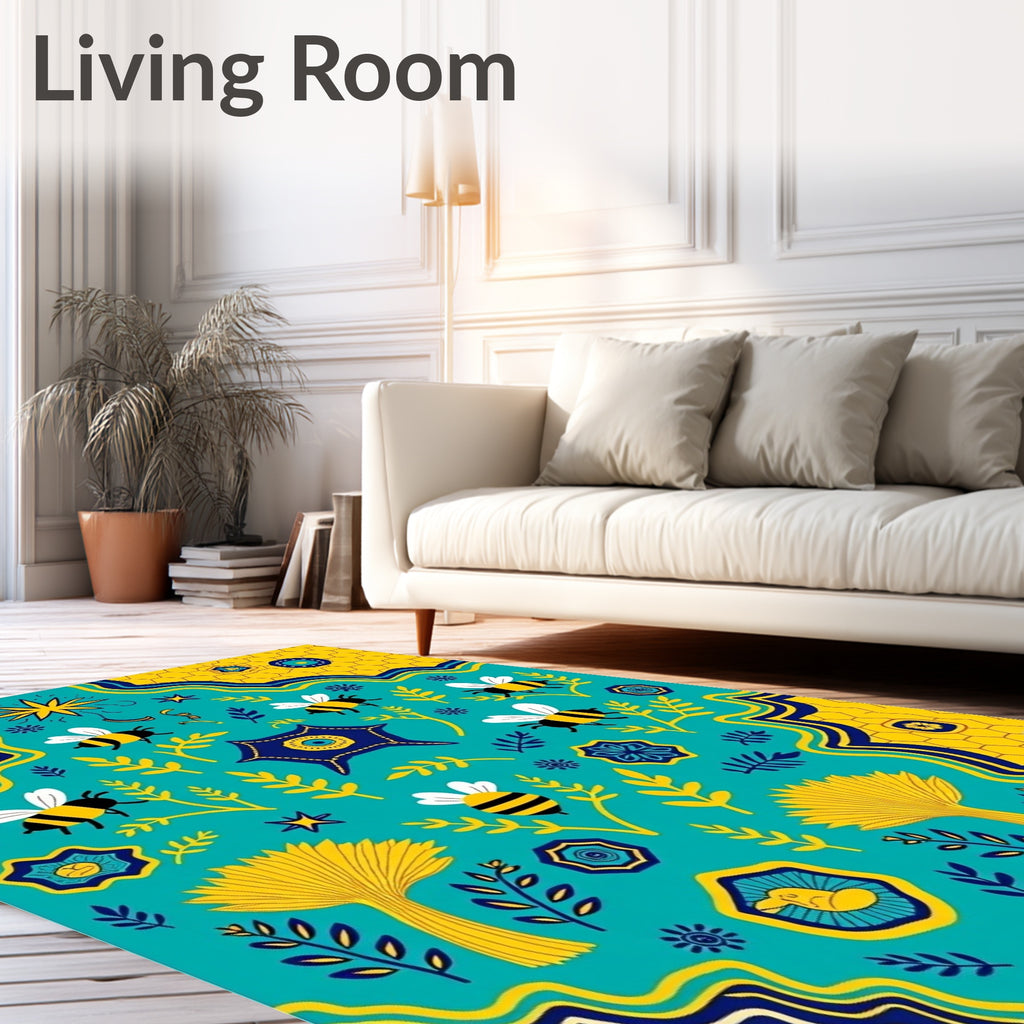 Teal Yellow Bee Hive Garden Tapestry Rug