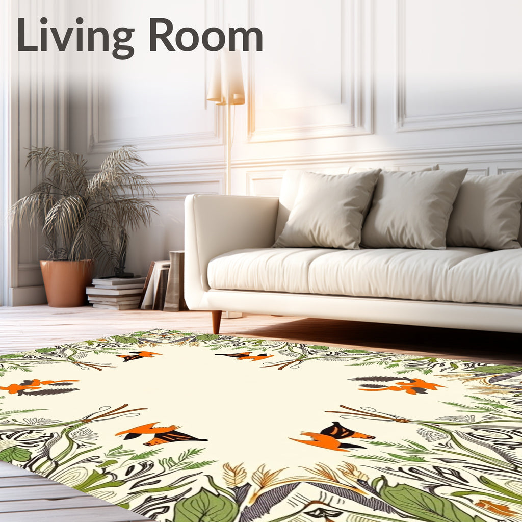 Whimsical Orange Bird Foliage Frame Rug