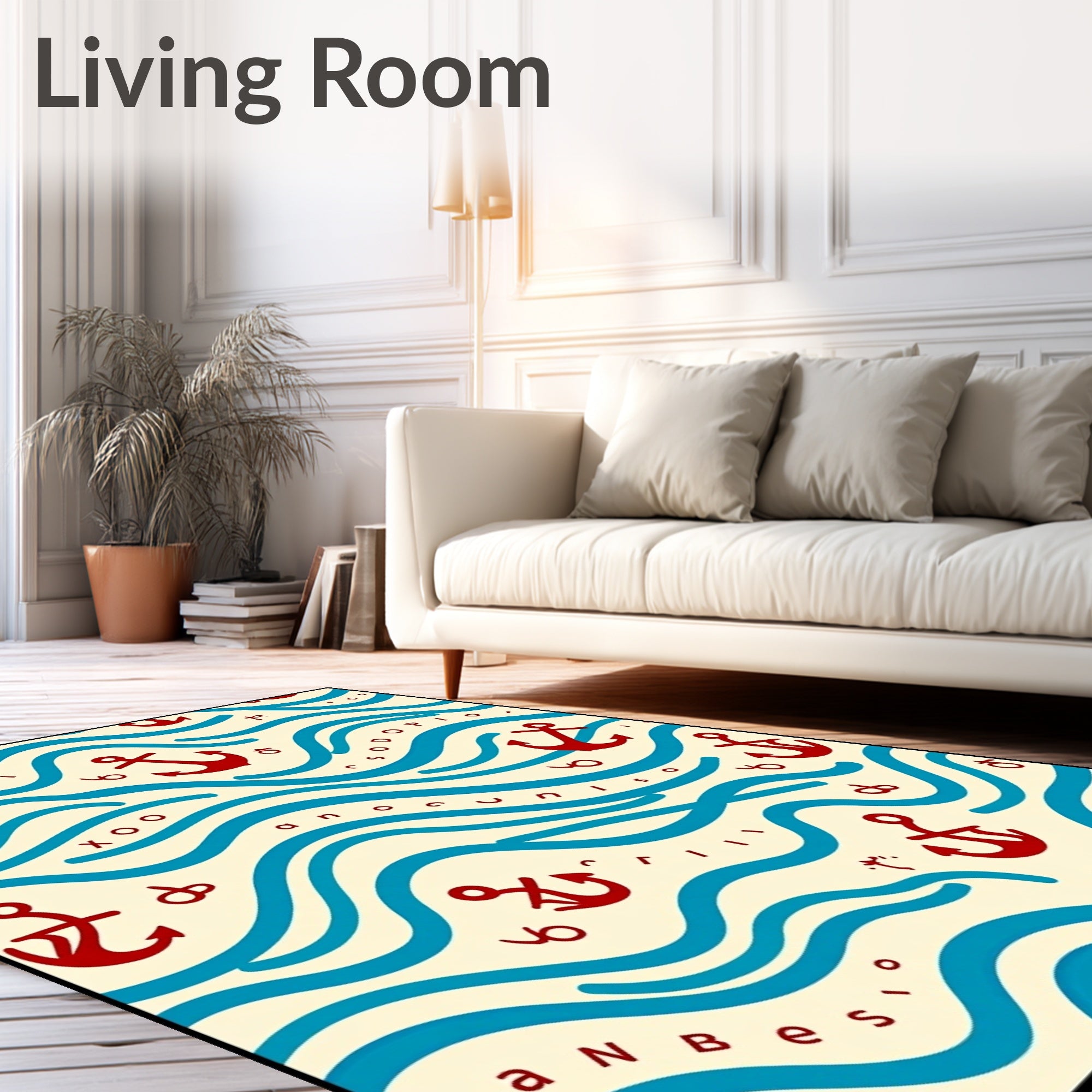 Nautical Red Anchor Wave Design Rug
