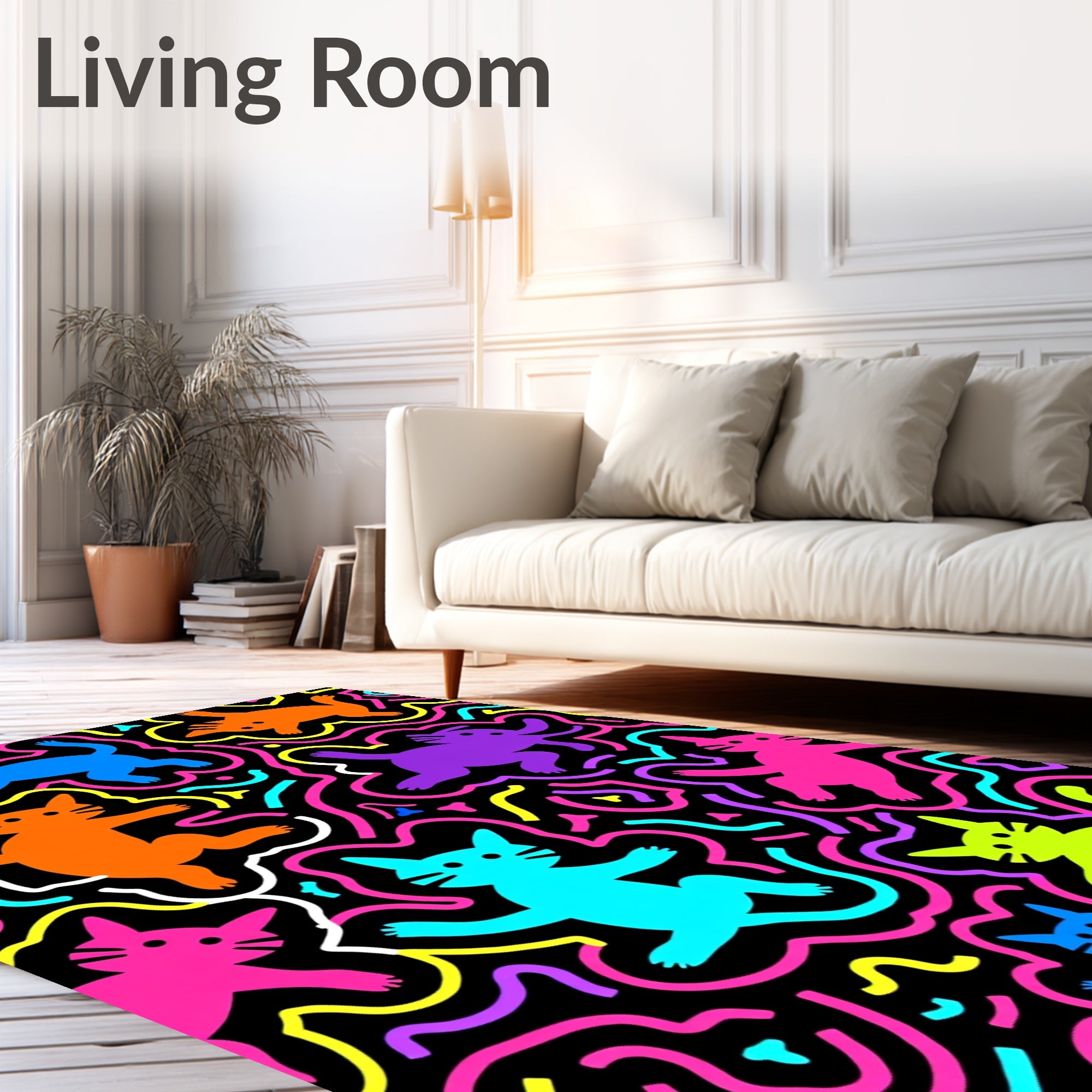 Vibrant Neon Cat Playful Doodle Rug