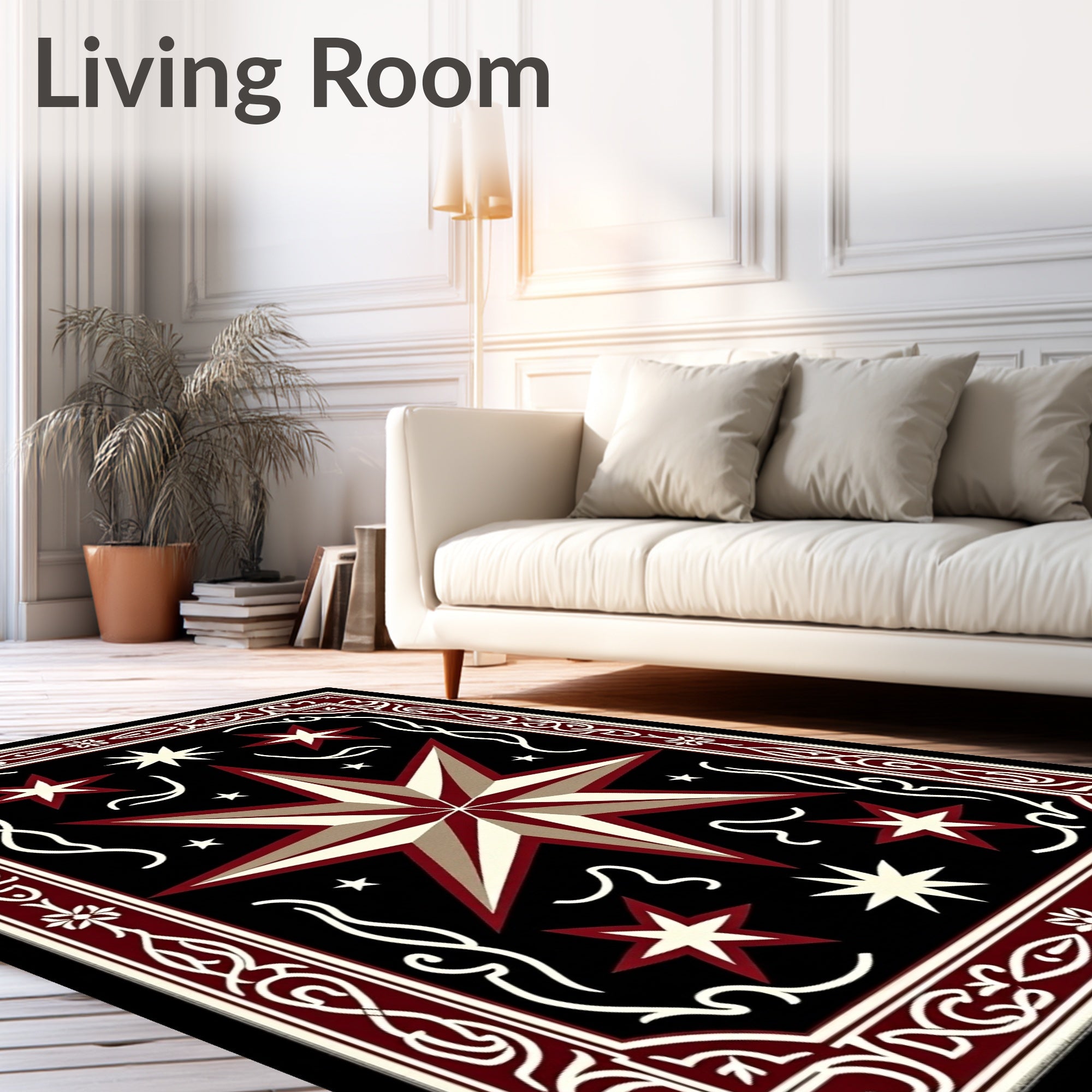 Crimson Black Starburst Geometric Border Rug