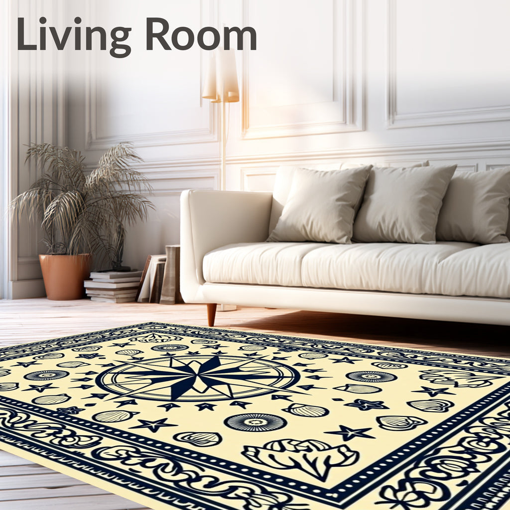 Navy Blue Nautical Star Seashell Scatter Rug