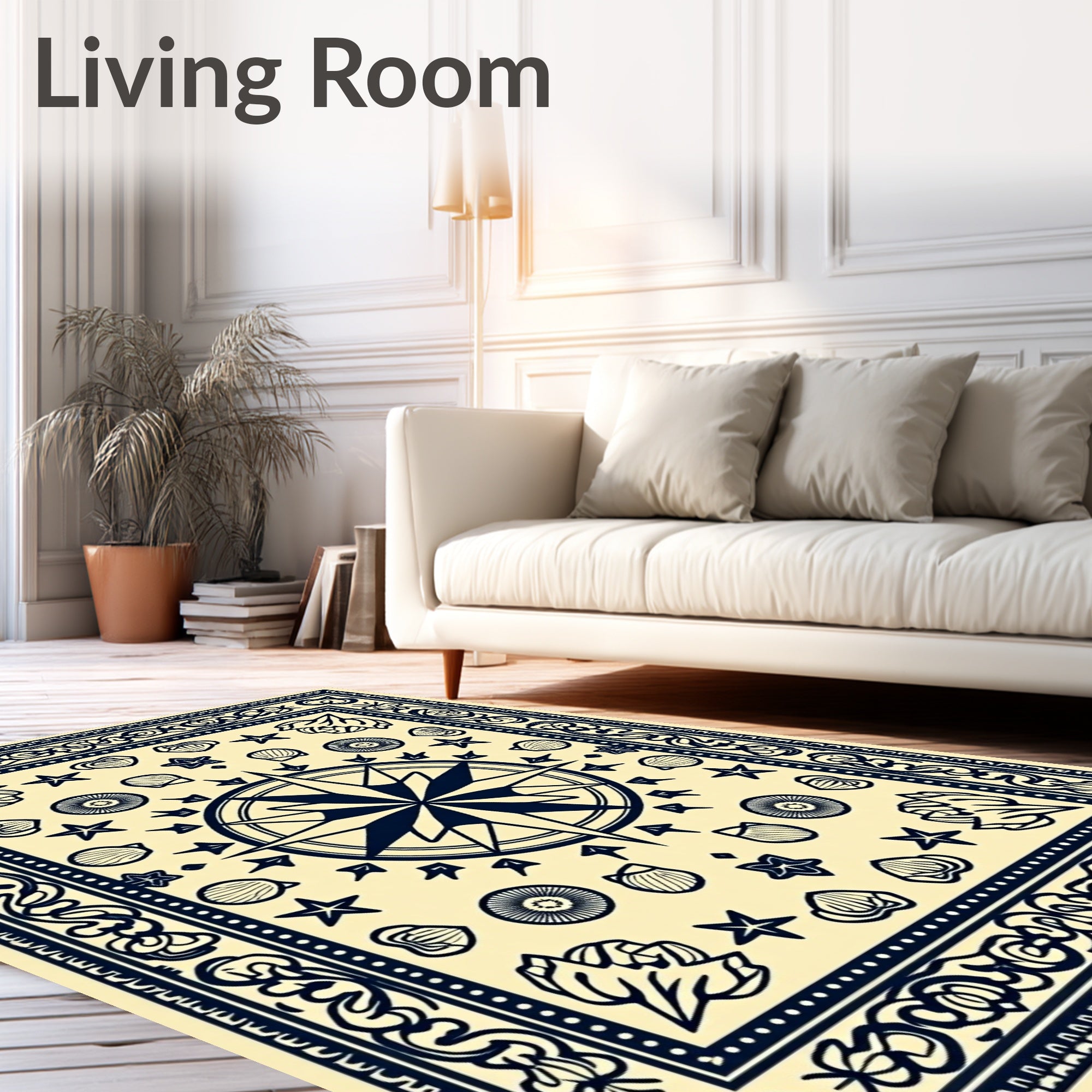Navy Blue Nautical Star Seashell Scatter Rug
