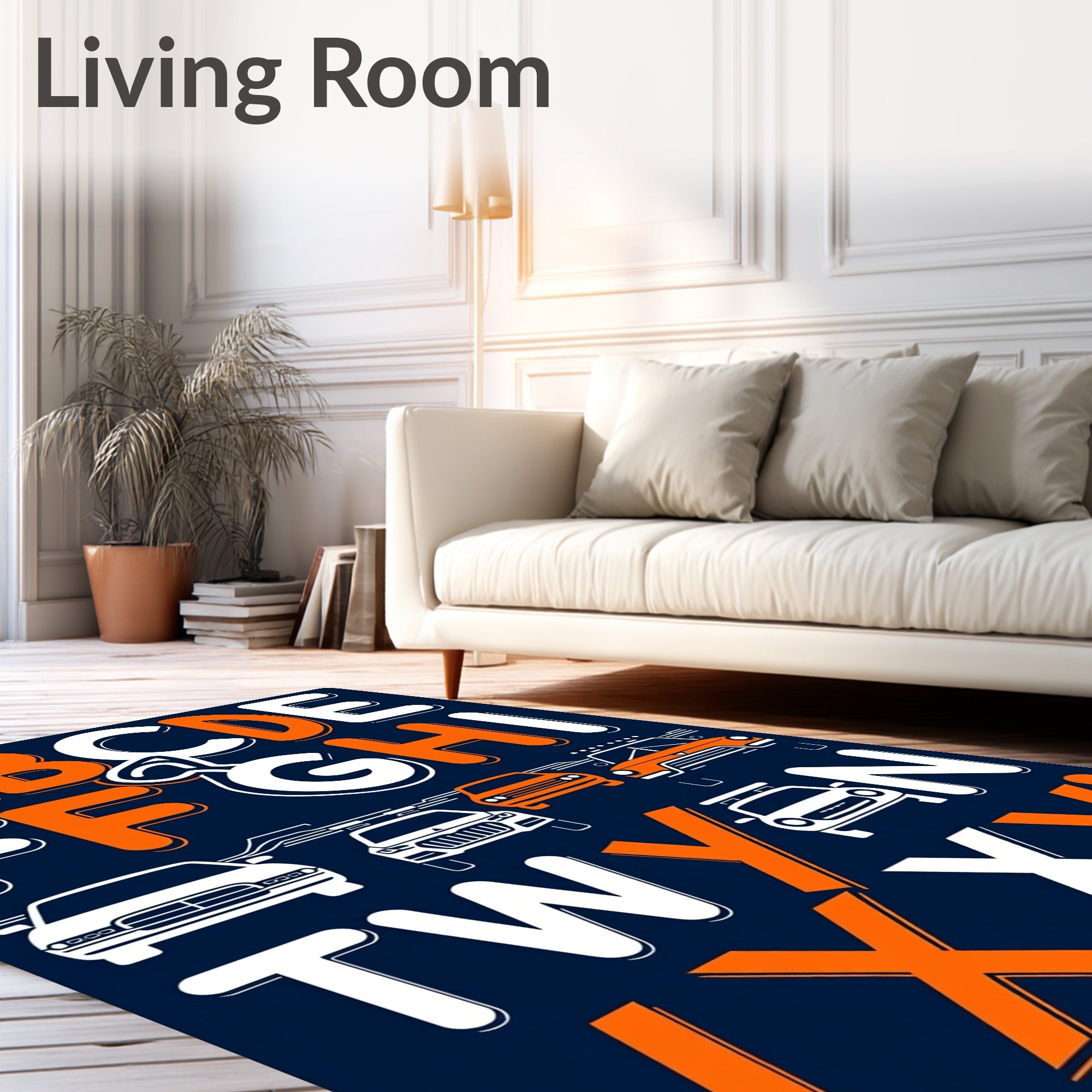 Fun Orange White Alphabet Cars Rug