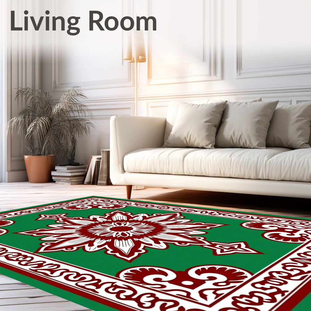 Crimson White Floral Border Green Rug