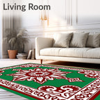 Crimson White Floral Border Green Rug