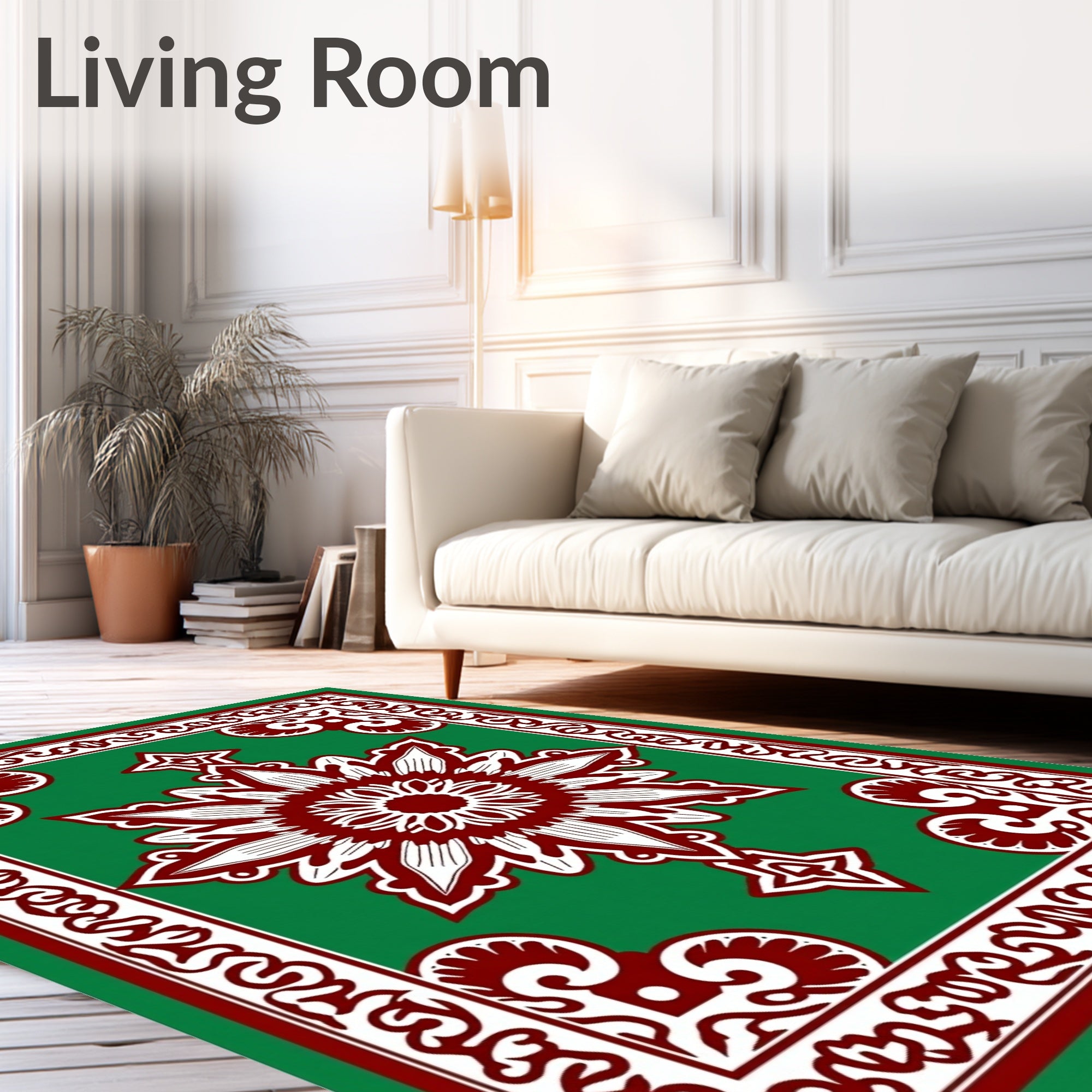 Crimson White Floral Border Green Rug