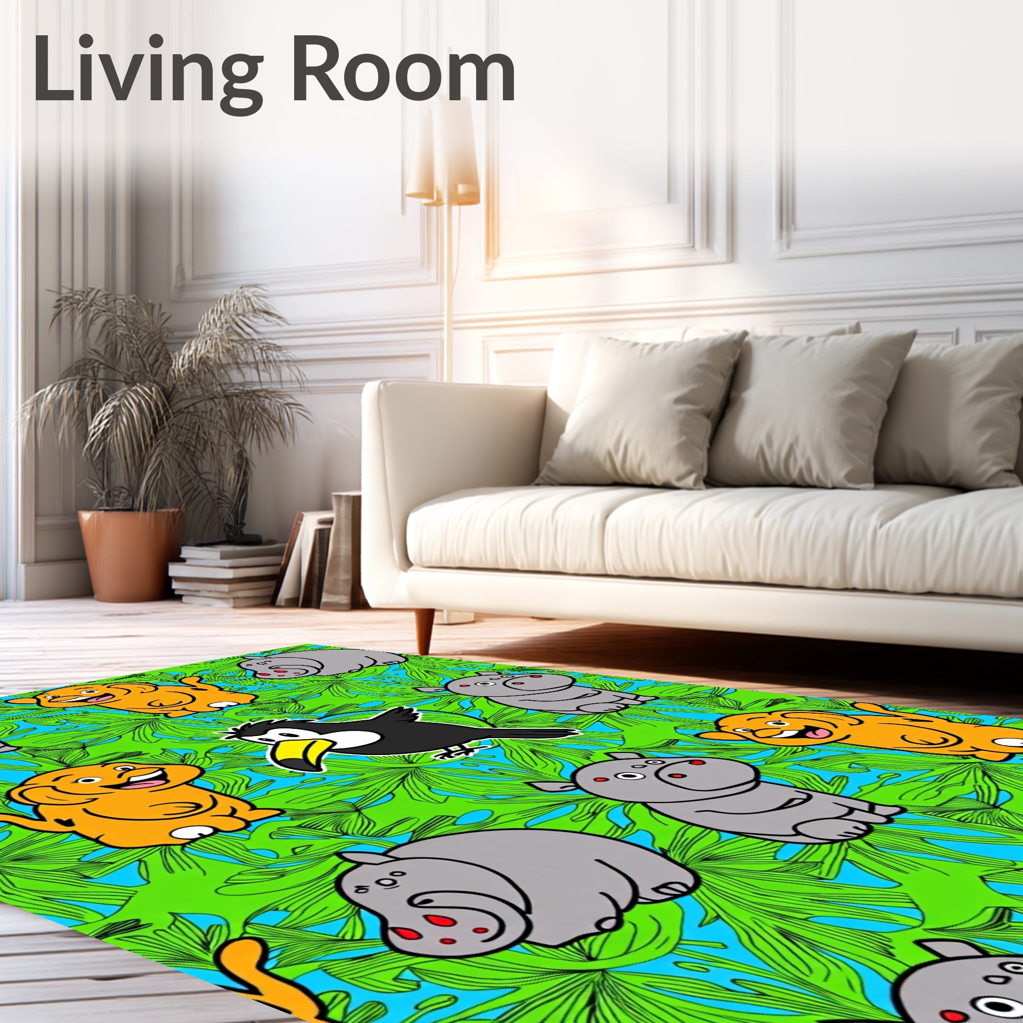 Jungle Friends Hippo Toucan Tropical Leaf Rug