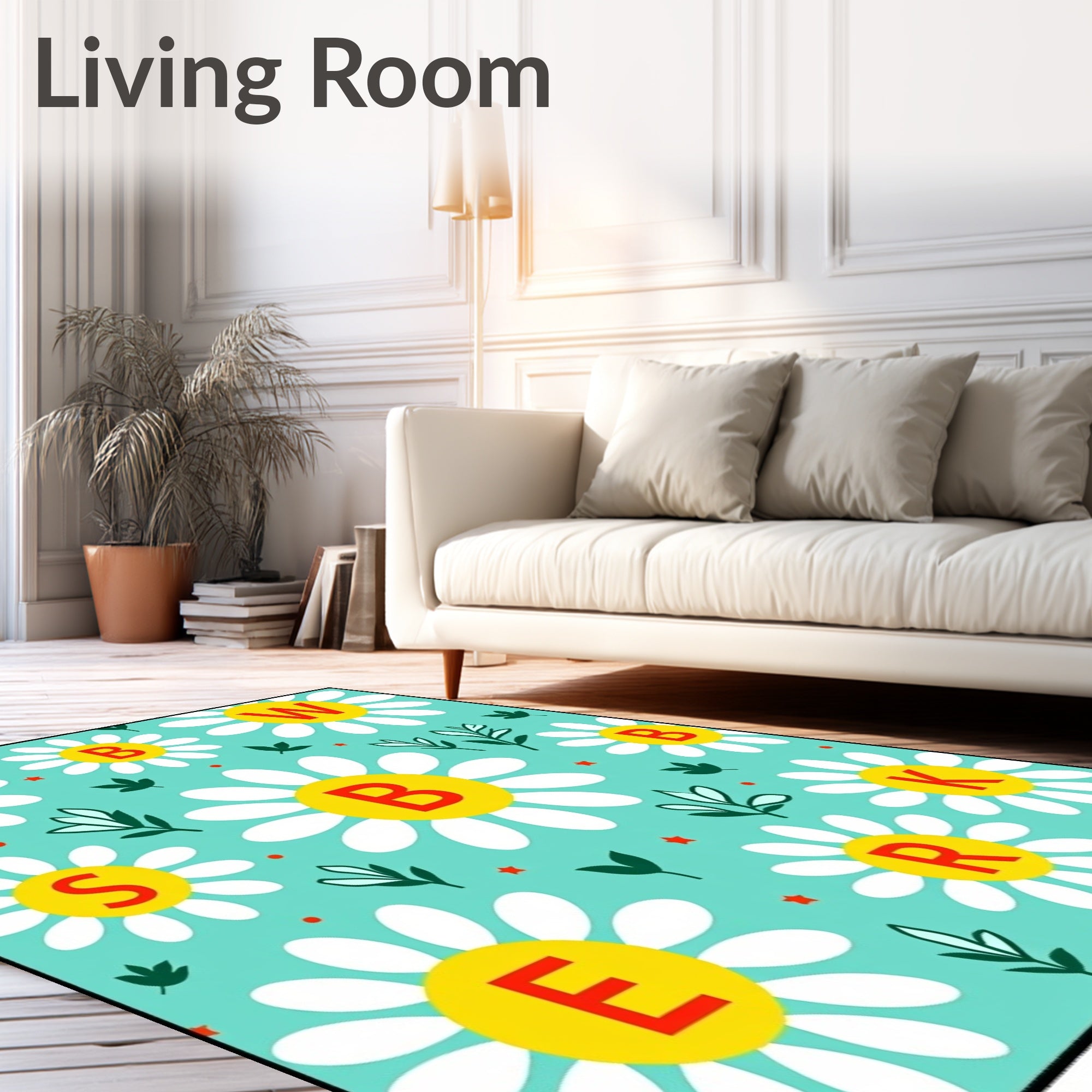 Teal Daisy Field with Red Letters Rug