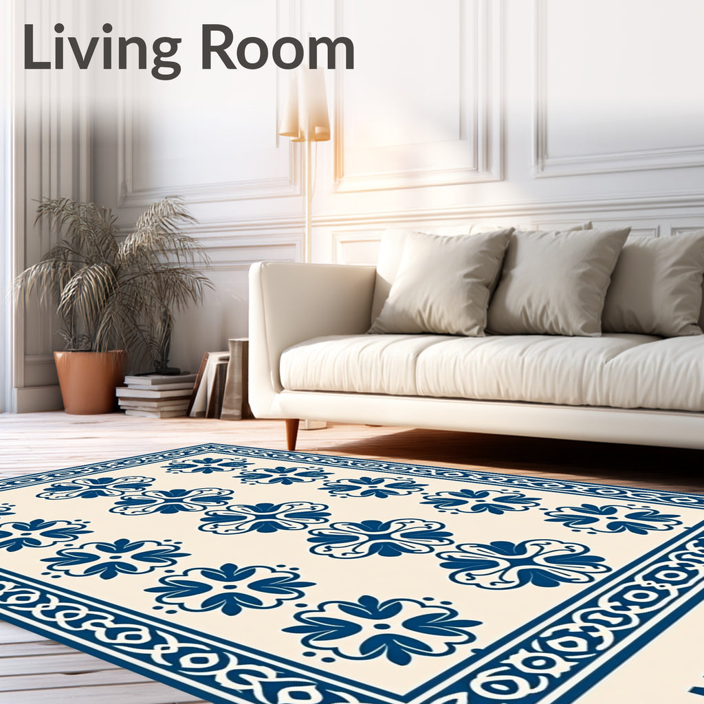Deep Blue Repeating Blossom Border Rug