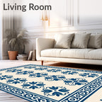 Deep Blue Repeating Blossom Border Rug