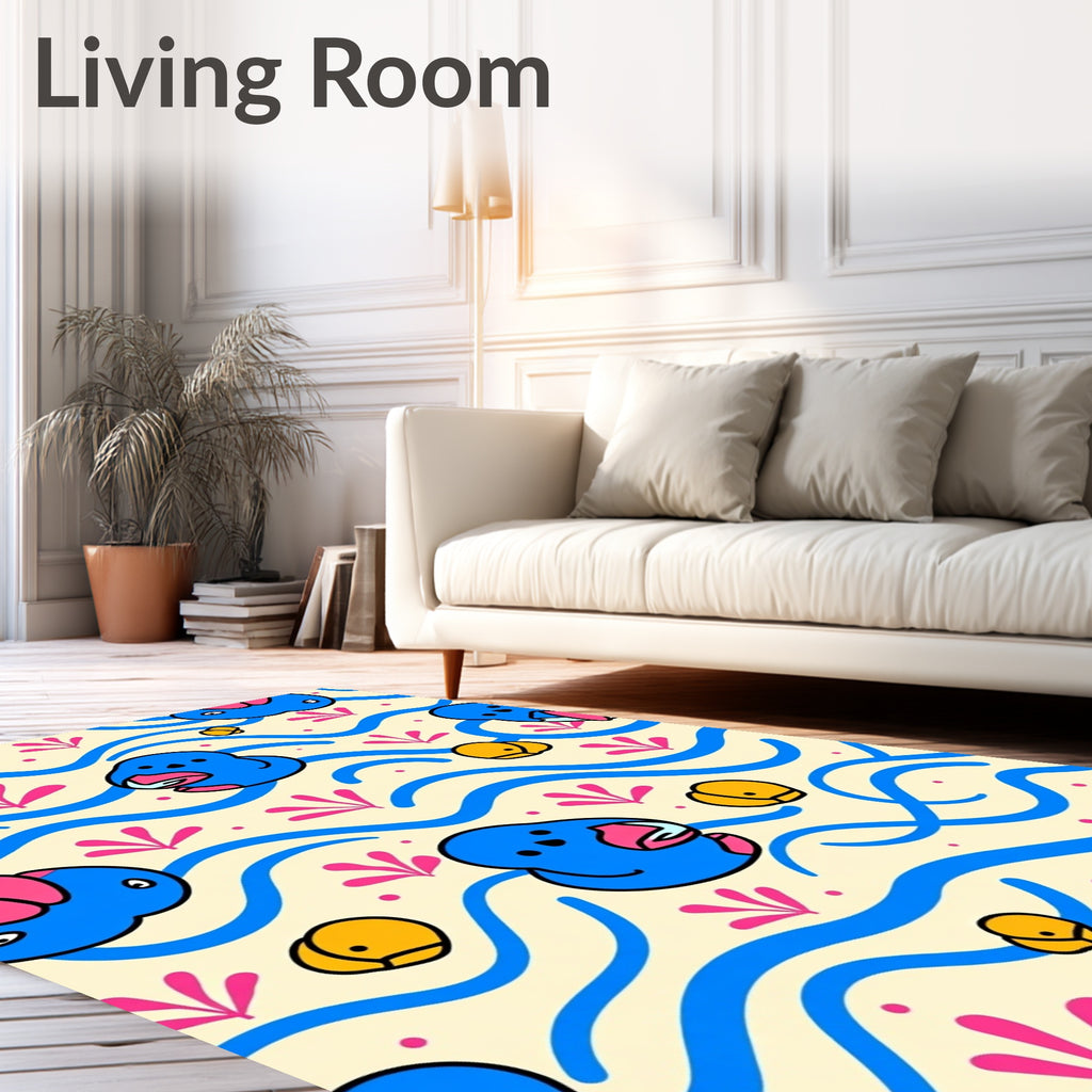 Blue Whimsical Ducks Yellow Bubbles Rug