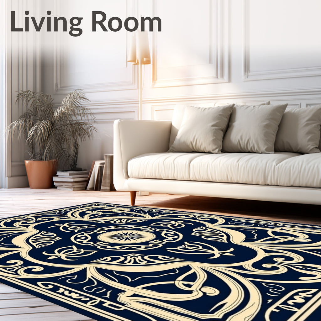 Navy Blue Ornate Floral Medallion Rug