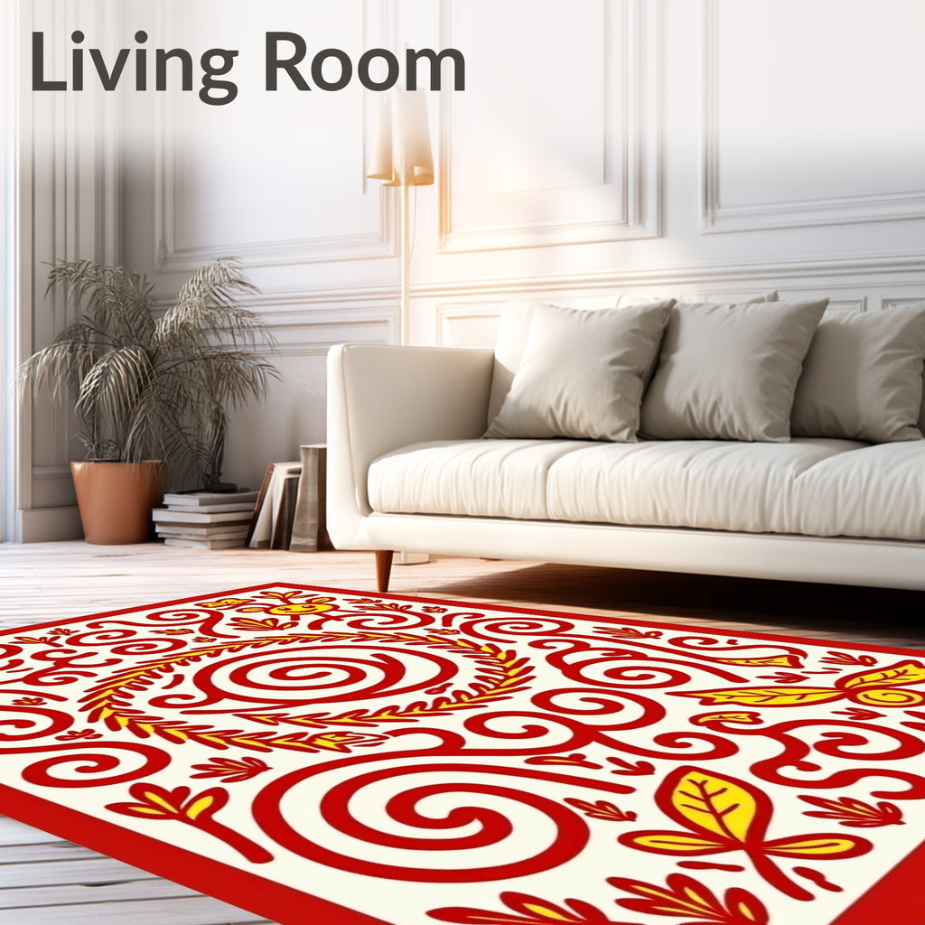 Whimsical Red Yellow Sprightly Swirls Rug